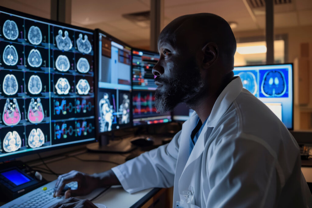 A focused neuroscientist examines detailed brain imaging scans, searching for insights into the human mind. The dark room illuminates the multiple screens, highlighting the intersection of healthcare and technology